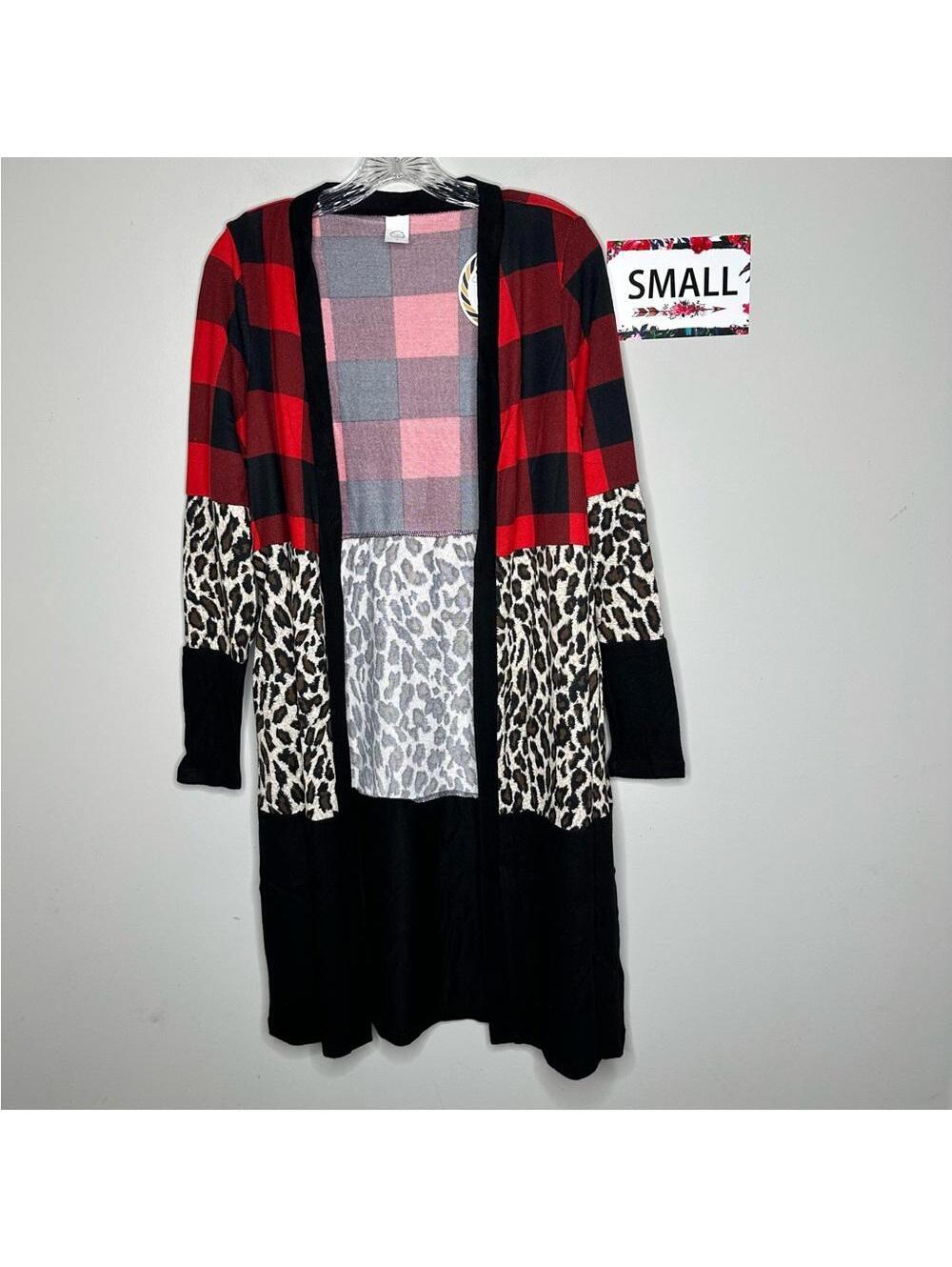 Buffalo Plaid & Leopard Small Block Cardigan w/ Pockets